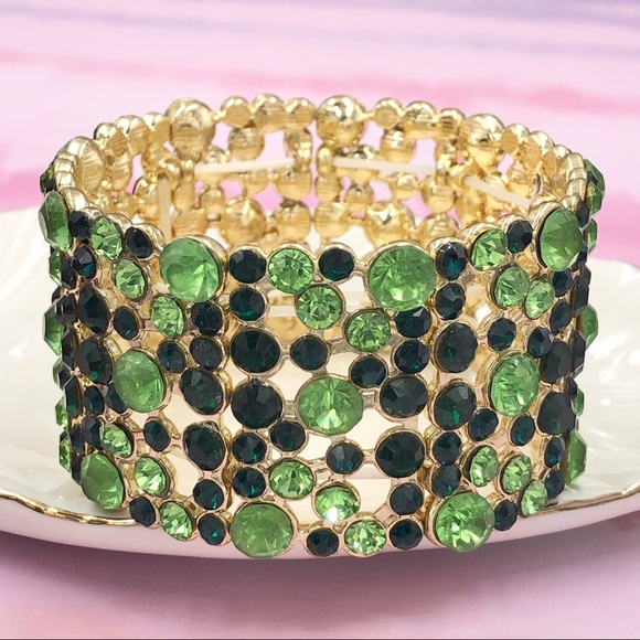 Fashion Jewelry Jewelry - Wide Green Rhinestone Statement Stretch Bracelet